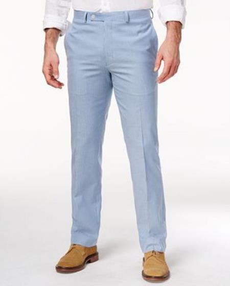 Men's Classic Fit seersucker ~ sear sucker Cotton Blue Flat Front Dress Pants 