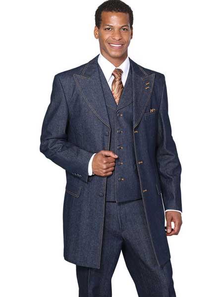 Men's Blue 3 Piece Jean High Fashion Vested Long Cheap Priced Business Suits Clearance Sale