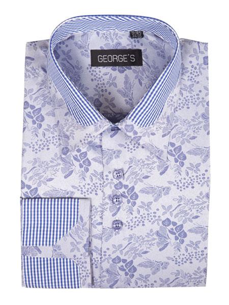 Men's Blue Floral Pattern Cotton Blend Classic Fit Standard Cuff Shirt
