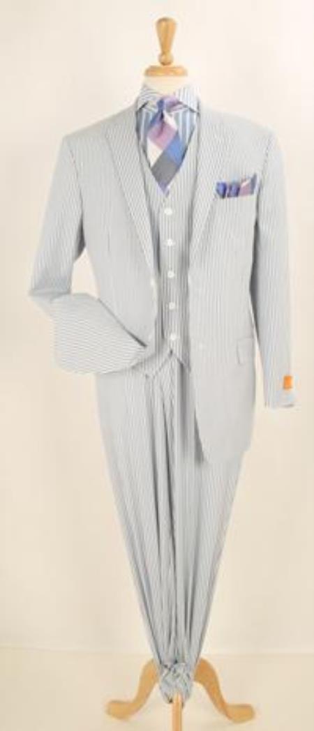 Mens Three Piece Suit - Vested Suit Mens 3 pc Blue Seersucker Sear sucker suitt - Flat Front Pants