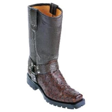 Leather Straps Industrial Sole Full Quill Ostrich Biker Boots