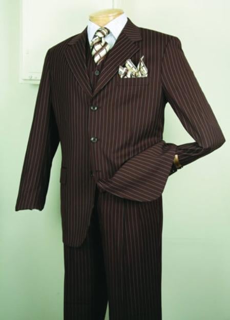 Chalk Bold Gangster Men's 1920's 30's Fashion Look Available in 2 or Three ~ 3 Buttons Style in Regular Classic Cut Luxurious Fashion three piece Cheap Priced Business Suits Clearance Sale Classic Stripe ~ Pinstripe Design Brown