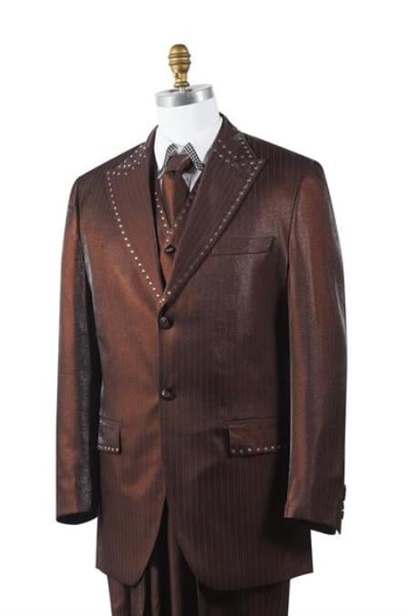 Men's Brown Sharkskin Rhinestone 3 Piece Entertainer Suit 