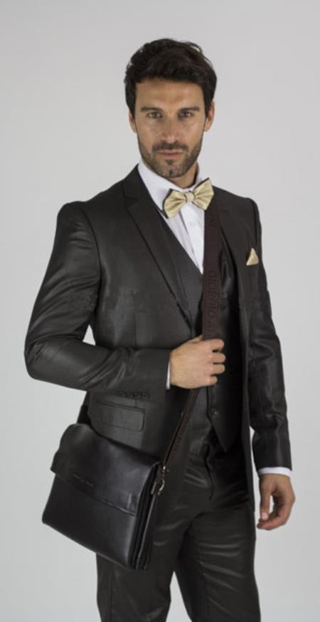 Men's  Brown Slim Fit Sharkskin Shiny Vested 3 Piece Suit