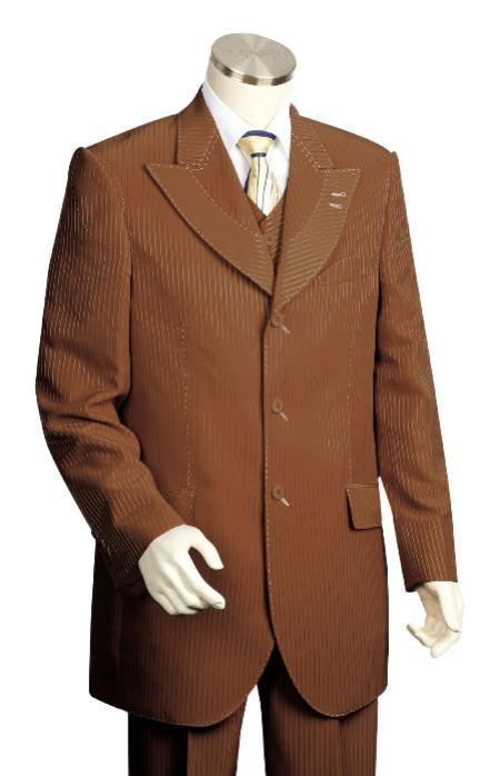 minute brown pinstripe pattern ~ poly rayon blend men’s 3 piece vested brown unique exclusive fashion suit 