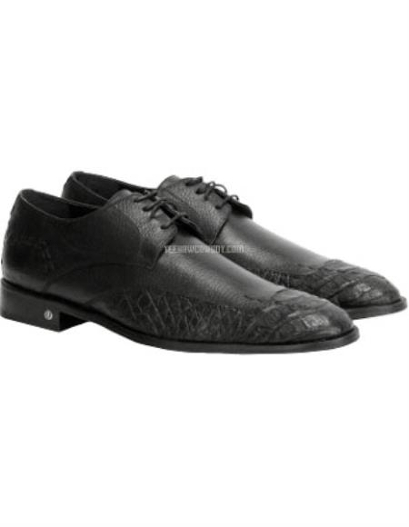 Men's Black Full Leather Vestigium Genuine Caiman Belly Derby Shoes