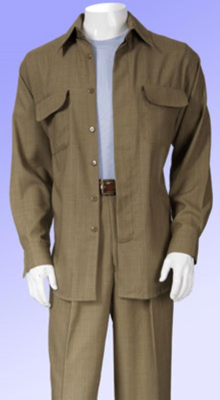 Mens Wool Caramel Casual Walking Suit Set (Shirt & Pants