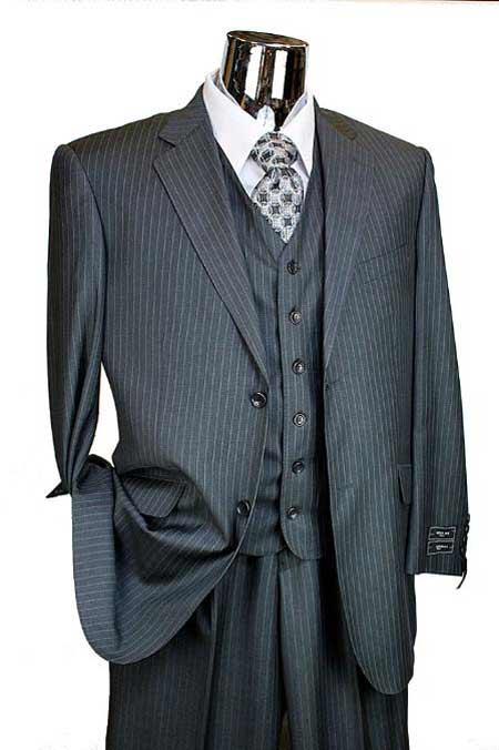 Men's Charcoal Pinstripe 3 Piece 2 Button Italian Designer Suit Flat Front No Pleated Pants - Three Piece Suit