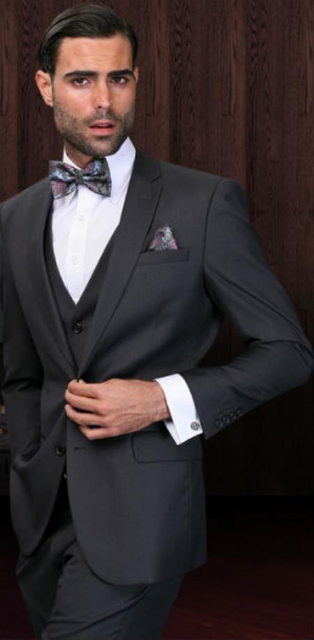 Mens Three Piece Suit - Vested Suit Mens Charcoal  Skinny Lapel 2-Button Vested Suit