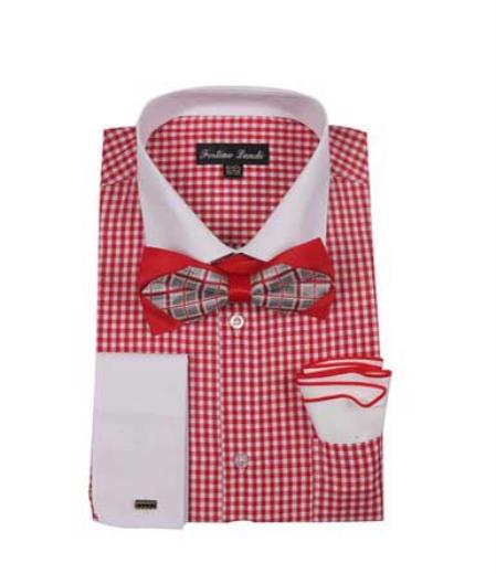 Men's Checks Shirt Red French Cuff With White Collared Contrast  High Fashion Bowtie And Handkerchief White Collar Two Toned Contrast