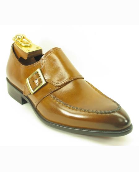 Men's Fashionable Carrucci Leather Single Buckle Style Slip On Shoes Cognac