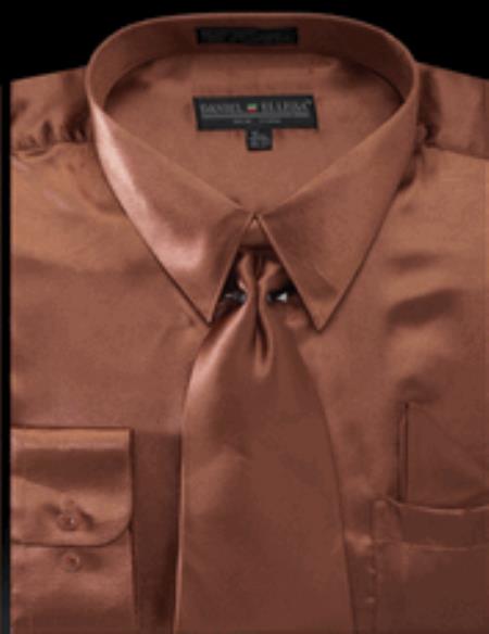 Copper Brown Shiny Satin Tie Men's Dress Shirt 