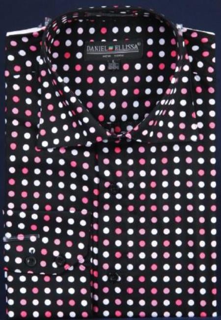 Dotted Fancy 100% Cotton Dress Fashion Shirt With Button Cuff Black / Fuschia Men's Dress Shirt