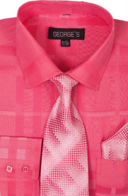 Cotton Geometric Pattern Tie and Handkerchief Fuchsin Men's Dress Shirt