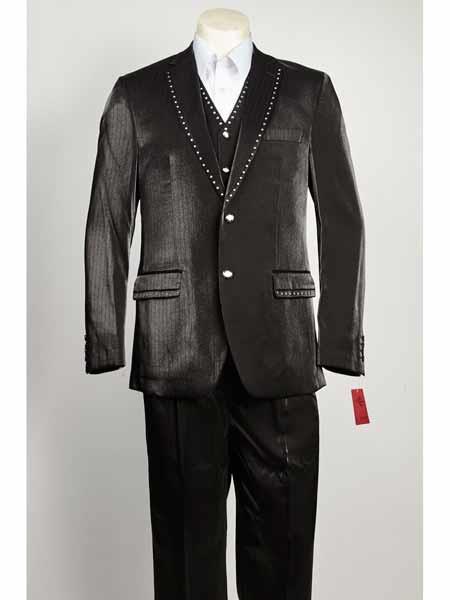 Men's  3 Piece Black Color Sharkskin Vested Rhinestone Entertainer Suit