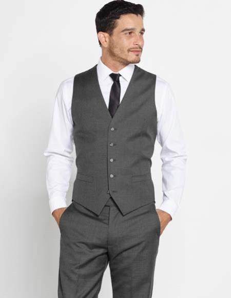 Men's Wool Dark Grey Vest + Matching Dress Pants Set + Any Color Shirt & Tie