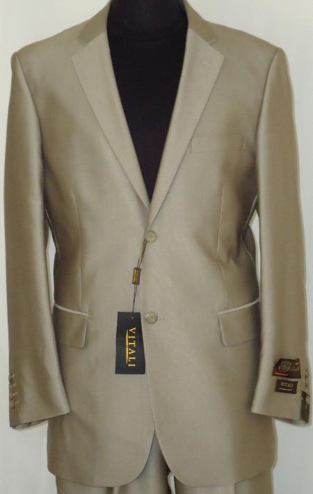 Designer 2-Button Shiny Beige Sharkskin Suit 