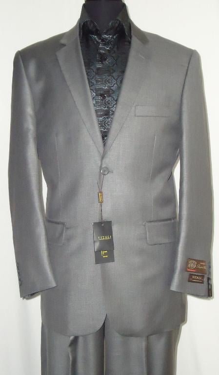 Men's Designer 2-Button Shiny Silver Gray Sharkskin Suit 