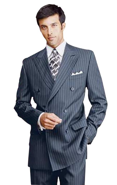 Navy Blue Pinstripe Double Breatsed Suits Pleated Pants Rayon Fabric Side Vented