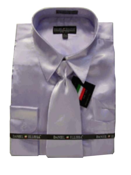 Fashion Cheap Priced Sale Men's New Lavender Satin Dress Shirt Combinations Set Tie Combo Shirts Men's Dress Shirt