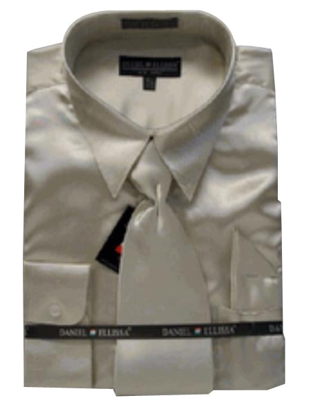 Daniel Ellissa Mens SILVER Shiny Satin Dress Shirt Tie Set  16.5 SLEEVE 36-37