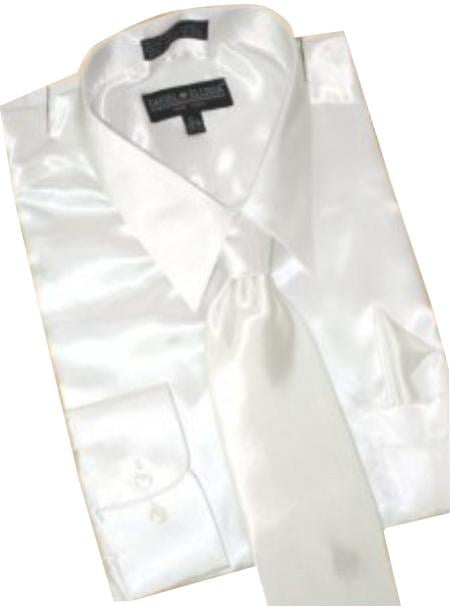 Fashion Cheap Priced Sale Satin White Dress Shirt Combinations Set Tie Hanky Men's Dress Shirt