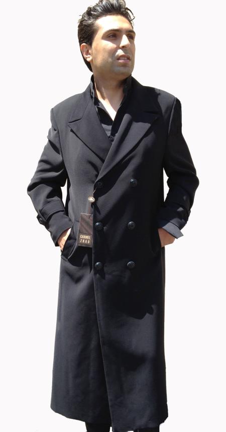 Men's Dress Coat Top Coat, Full Length Overcoat Double Breasted 6 on 3 Buttons, 50 Length with Tabs on Sleeves Black 