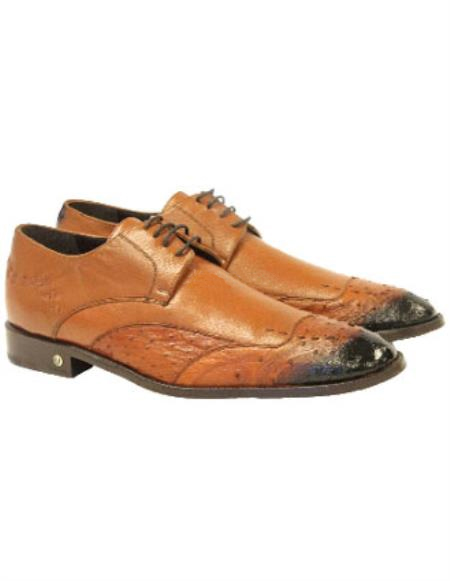 Men's Faded Cognac Handmade Vestigium Genuine Ostrich Derby Shoes Mens Ostrich Skin Shoes