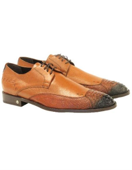 Men's Faded Cognac Vestigium Genuine Ostrich Leg Derby Shoes Mens Ostrich Skin Shoes