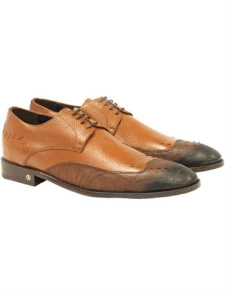 Men's Handmade Faded Cognac Vestigium Genuine Catshark Derby Shoes