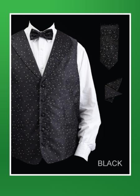 Slim fit Men's poly fabric Black Lapelled Groomsmen Dress Tuxedo Wedding Vest ~ Waistcoat ~ Waist coat Set- Four Piece (Bow Tie, Neck Tie, Hanky) - Men's Neck Ties - Mens Dress Tie - Trendy Mens Ties