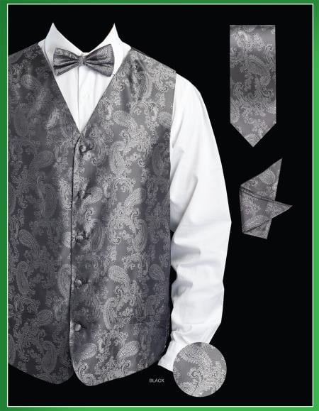 Men's 4 Piece Groomsmen Dress Tuxedo Wedding Vest ~ Waistcoat ~ Waist coat   Set (Bow Tie, Neck Tie, Hanky) - Shiny P A I S L E Y Jacquard Black - Men's Neck Ties - Mens Dress Tie - Trendy Mens Ties