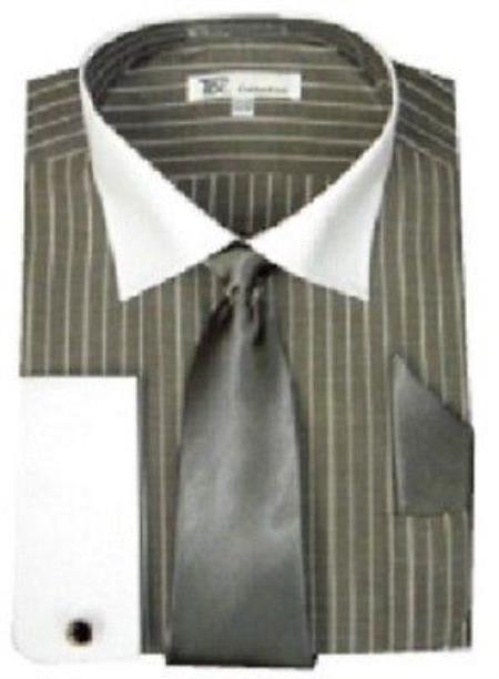 Olive Striped cotton fabric white Collar ~ French Cuff with Tie Stylish Two Toned Contrast Men's Dress Shirt