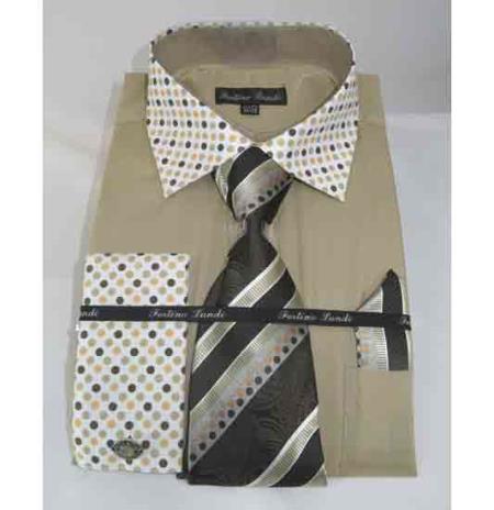 Cotton French Cuff Solid With Poka-a-dot Collar Khaki Men's Dress Shirt