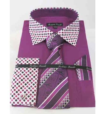 French Cuff Rose Purple Solid Body With Poka-a-dot Collar Men's Dress Shirt