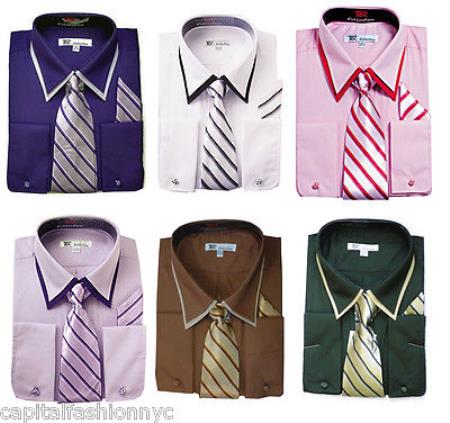 Classic French Cuff Set w/ Tie And Handkerchief Men's Dress Shirt 