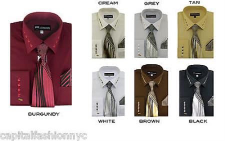 French Cuff + Tie + Handkerchief Men's Dress Shirt With Tie