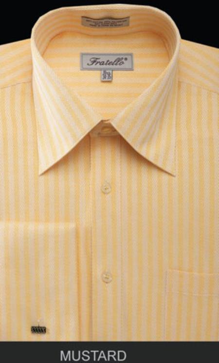 Fratello French Cuff Mustard - Herringbone Tweed Stripe Big and Tall Sizes 18 19 20 21 22 Inch Neck Men's Dress Shirt