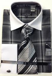 Avanti Uomo French Cuff Set With Tie, Hanky and Cuff Links Black 18 19 20 21 22 Inch Neck Men's Dress Shirt