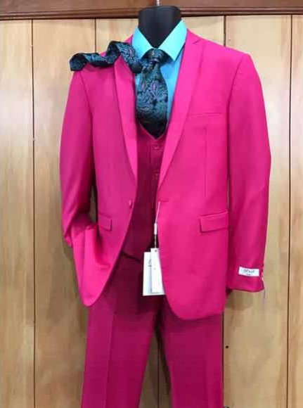 Men's Fuchsia Hot Pink Color 2 Buttons Suit Vested Slim Fit Suit 