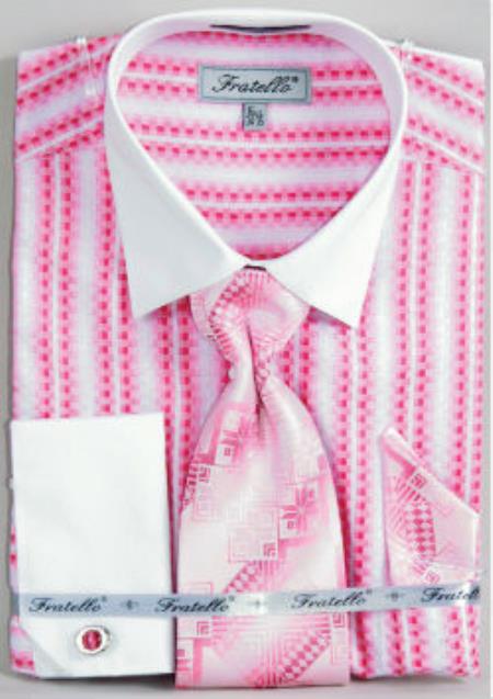 Pink Color Fratello Jacquard Two Tone French Cuff Set White Collar Two Toned Contrast Fuchsia ~ fuschia Men's Dress Shirt