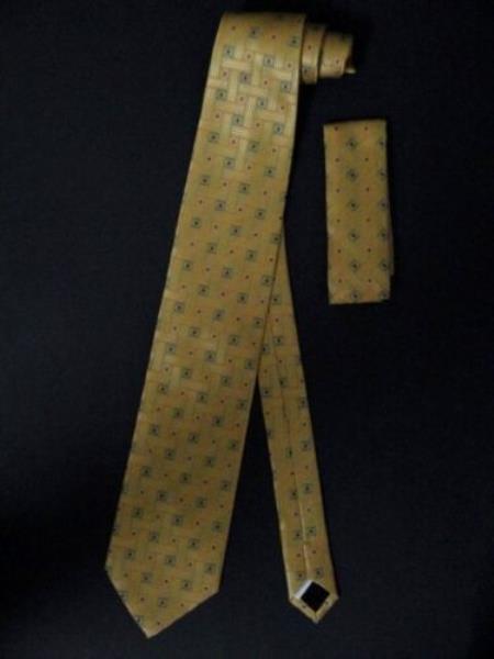 Neck Tie W/ Hankerchief Gold Blue Green - Men's Neck Ties - Mens Dress Tie - Trendy Mens Ties