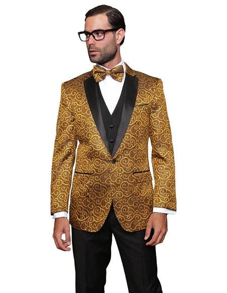 Statement Confidence Bellagio Gold 3PC Suit Tuxedo With a Vest And Matching Bow Tie For Men