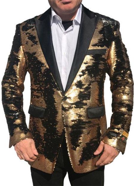 Style#-B6362 Gold Shiny Black Peak Lapel paisley look Fashion Tuxedo sport coat jacket