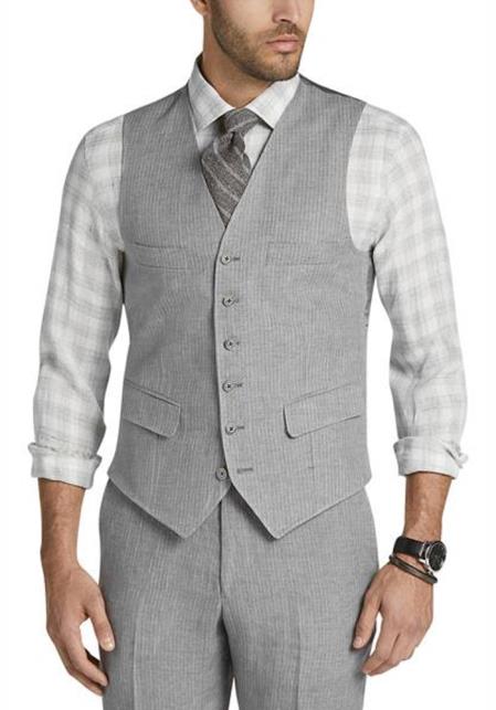 Men's 100% linen fully lined 4 front pocket adjustable back belt stylish 6 button vest