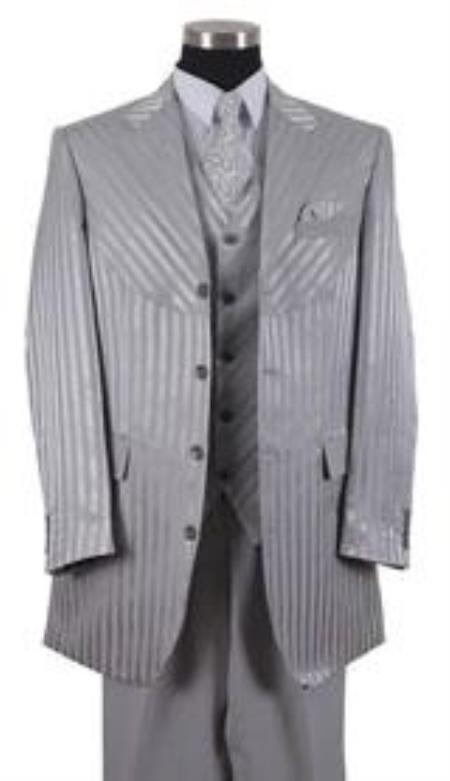 Zoot Suit tone on tone Shiny Sharkskin Shadow Stripe ~ Pinstripe Vested 3 Piece Men's  Malino Suits Gray 