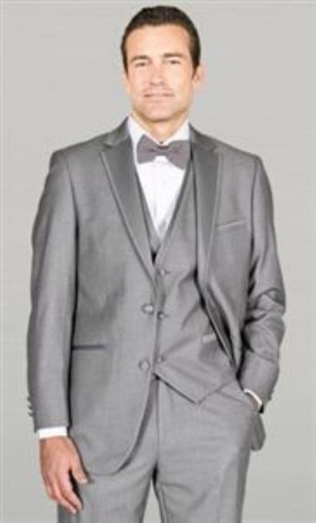 Mens Three Piece Suit - Vested Suit Tuxedo Grey ~ Gray Framed  With Vest Microfiber With Vest Tuxedos