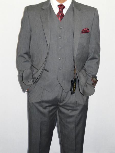 Men's 3 Piece Luxurious Suits Wool Feel Herring Bone Stripes Grey 38R~60L 