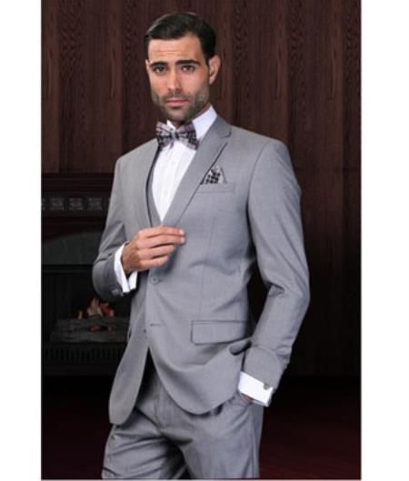 Mens Three Piece Suit - Vested Suit Mens Gray 3 Pieces Slim Fitted Cut Skinny Lapel Suit 