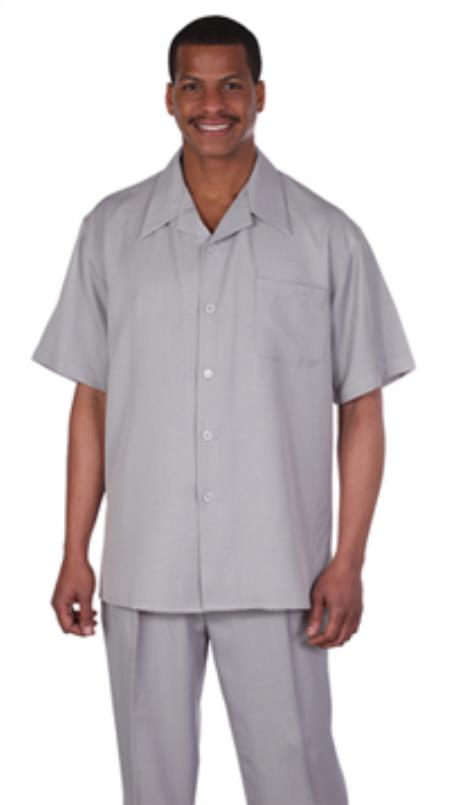 Shirt & Pleated Pants Solid Grey Short Sleeve Casual Sets Walking Leisure Suit